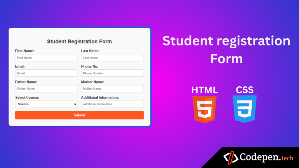 student registration form in html code